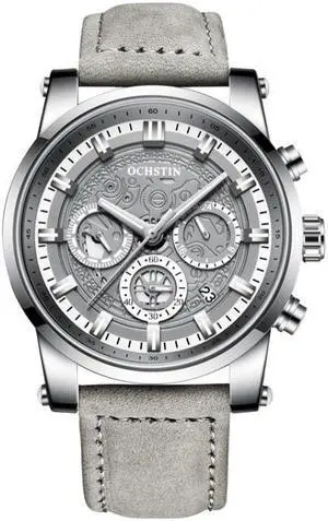 Ochstin 5111B Multifunctional Business Waterproof Luminous Leather Strap Quartz Watch (Silver+Grey)