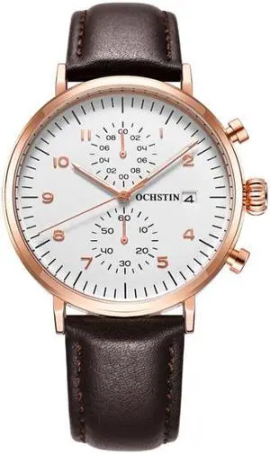 OCHSTIN 6076C Multifunctional Quartz Waterproof Men Leather Watch (Rose Gold+Coffee)