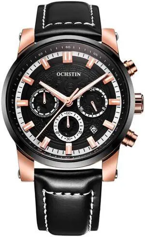 Ochstin 5111B Multifunctional Business Waterproof Luminous Leather Strap Quartz Watch (Rose Gold+Black)