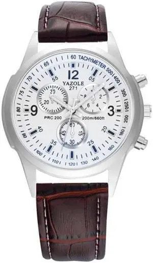 YAZOLE 271 Three-Eye Six-Hand Watch Men Auartz Watch Waterproof Business Watch (White Disk Brown Belt)