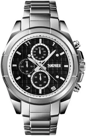 SKMEI 1378 Fashion Men Business Leisure Watch 30m Waterproof Metal Quartz Wrist Watch (Silver+Black)
