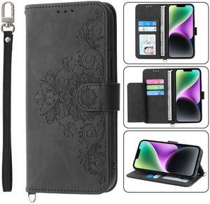 For iPhone 14 Skin-feel Flowers Embossed Wallet Leather Phone Case