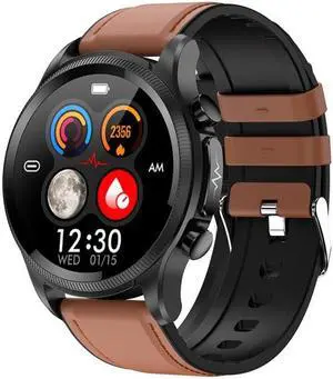 E400 1.39 inch HD Round Screen Leather Strap Smart Watch Supports ECG Monitoring/Non-invasive Blood Sugar Leather Strap(Brown) (Brown)