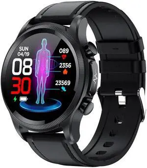 E400 1.39 inch HD Round Screen Leather Strap Smart Watch Supports ECG Monitoring/Non-invasive Blood Sugar Leather Strap(Black) (Black)