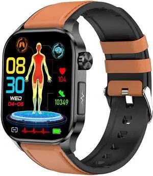 Et580 Bluetooth Calling Ecg Smart Watch Blood Glucose Heart Rate Body Temperature Monitoring Multi-Sport Smart Watch (Brown Leather)