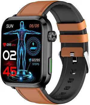 F220 Bluetooth Call Smart Watch Blood Glucose Laser Physiotherapy Uric Acid Blood Lipid Body Temperature Monitoring Smart Watch (Brown Leather)