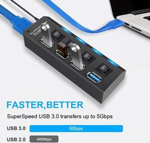 4 Port USB 3.0 Hub Powered USB Data Hub Extender Aluminum USB Splitter with Individual On/Off Switches