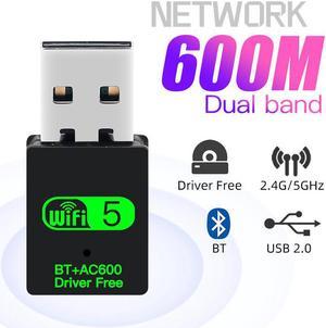 USB WiFi 5 Bluetooth 5.0 Adapter 2in1 Dongle, 600Mbps Dual Band 2.4/5Ghz Wireless Network External Receiver, Mini USB WiFi Network Wireless Wlan Receiver DRIVER FREE for PC Laptop Desktop