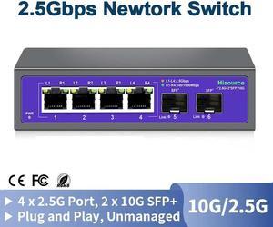 TelDaykemei 2.5Gbps Ethernet Switch 4 Port 2500Mbps Network Switcher 2 Port 10G SFP+ Slot Home Lab Hub Internet Splitter Plug and Play