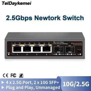 TelDaykemei 2.5Gbps Ethernet Switch 4 Port 2500Mbps Network Switcher 2 Port 10G SFP+ Slot Home Lab Hub Internet Splitter Plug and Play