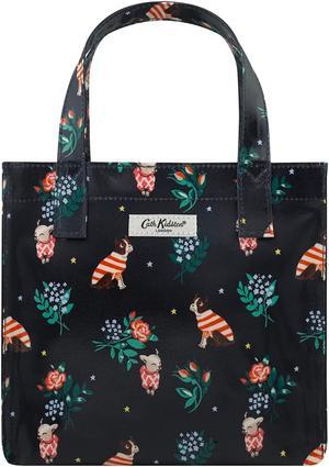 Cath Kidston S Bookbag Small Size Open Top Handled Handbag Lunch Bag Water Resistant Oilcloth Tote Seasonal Greeting and Floral Pattern Best Friends Navy Color