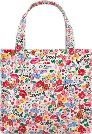 Cath Kidston S Bookbag Small Size Open Top Handled Handbag Lunch Bag Water Resistant Oilcloth Tote Seasonal Greeting and Floral Pattern Brave Soul Cream Color
