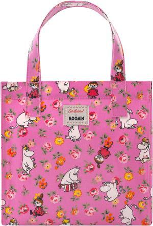 Cath Kidston x Moomin Limited Edition Small Bookbag S Size Open Top Handled Handbag Lunch Bag Water Resistant Oilcloth Tote Moonins Linen Sprig Floral Pattern Pink Color