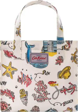 Cath Kidston Small Bookbag S Size Open Top Handled Handbag Lunch Bag Water Resistant Oilcloth Tote Beach & Sea Pattern (Summer Time Warm Cream Color)