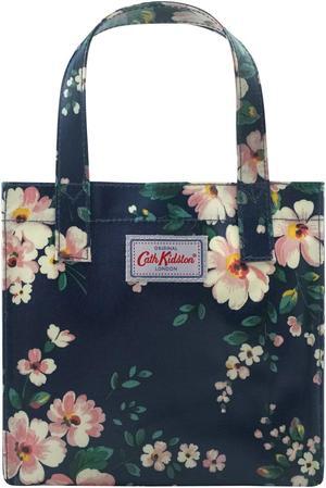 Cath Kidston Small Bookbag S Size Open Top Handled Handbag Lunch Bag Water Resistant Oilcloth Tote Big Floral Pattern (Spitalfields / Navy Color)