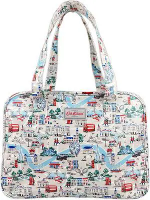 Cath Kidston Large Boxy Zip Bag Water Resistant Oilcloth Carry-All Top Handles Tote Small London Symbel Stone Color