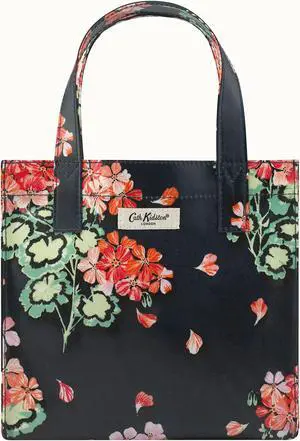 Cath Kidston Small Bookbag S Size Open Top Handled Handbag Lunch Bag Water Resistant Oilcloth Tote Big Floral Pattern (Geraniums Flowers / Navy Color)
