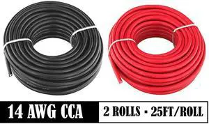 14 AWG True American Wire Gauge CCA Copper Clad Aluminum Primary Wire 25 ft Red 25 ft Black For Car Audio Speaker Amplifier Remote Trailer Harness wiring Also Available in 16 18 Ga