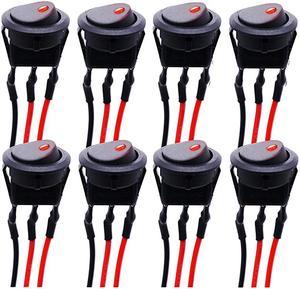 8Pcs SPST Round Dot Lighted Rocker Switch Toggle Control for Car Or Boat 20A 12V DC On/Off Red LED Light with Pre-soldered Wires KCD2-102N-R-X