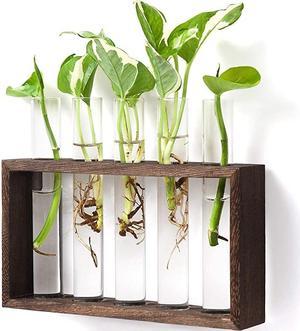 Wall Hanging Glass Planter Propagation Station Modern Flower Bud Vase in Wood Stand Rack Tabletop Terrarium for Hydroponics Plants Home Office Decoration with 5 Test Tube Medium Brown