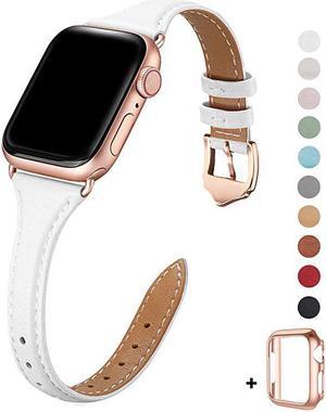 Leather Bands Compatible with Apple Watch 42mm 44mm Top Grain Leather Band Slim Thin Wristband for iWatch Series 5 Series 4321White Band+Rose Gold Adapter42mm 44mm SmallMiddle Size