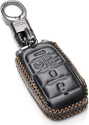 Genuine Leather Keyless Entry Remote Control Smart Key Case Cover with Leather Key Chain for 2019 2021 RAM 1500 5Button with Suspension Black