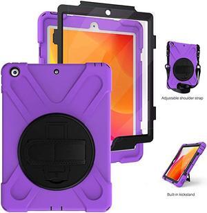 iPad 8th/7th Generation Case 10.2 with Stand, [Built In Screen Protector]  Full Body High Impact Resistant Drop Protection Rubber Hard Case with Hand Grip Strap for iPad 10.2 Inch 2020/2019, Purple