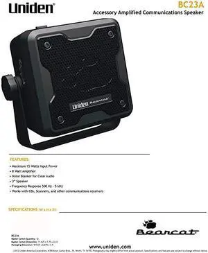 BC23A Bearcat 15Watt Amplified External Communications Speaker Durable Rugged Design Perfect for Amplifying  Scanners CB Radios and Other Communications Receivers Black