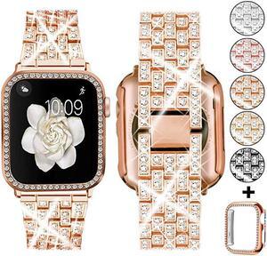 Compatible with Apple Watch Band 38mm 40mm 42mm 44mm + Case Women Jewelry Bling Diamond Replacement Metal Strap amp Soft PC Bumper Protective Case for iWatch Series 54321Rose Gold