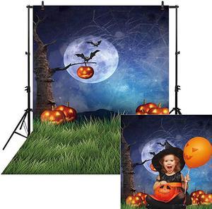 5x7ft Night Halloween Themed Backdrop for Photography Fall Pumpkin Green Grass Children Newborn Portrait Background Party Birthday Banner Baby Shower Decorations Decor Photo Booth Shoot Props