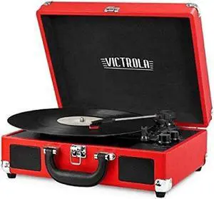 Vintage 3Speed Bluetooth Portable Suitcase Record Player with Builtin Speakers | Upgraded Turntable Audio Sound| Includes Extra Stylus | Red