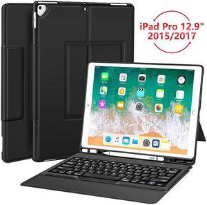 ipad pro 12.9 Case with Keyboard Compatible for ipad pro 12.9" 2015/2017, Ultra-Thin PU Leather Silicon Rugged Shock Keyboard Stand Case with Pencil Holder (Not Fit for 2018 New ipad)-Black