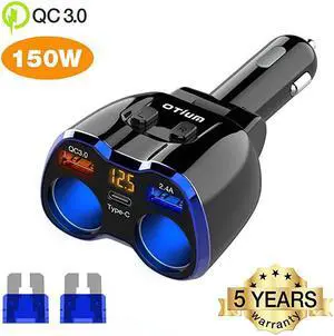Car Charger  150W 2Socket Cigarette Lighter Splitter QC 30 Dual USB Ports 1 USB C Fast Car Adapter with Separate Switch LED Voltmeter Replaceable 15A Fuse Compatible GPSDash CamPhoneiPad