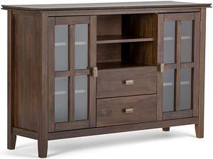 Artisan SOLID WOOD Universal Tall TV Media Stand 53 inch Wide Contemporary Storage Shelves and Cabinets with Glass Doors for Flat Screen TVs up to 60 Natural Aged Brown