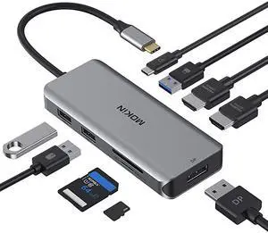 Station USB C Adapter Dual HDMI 9 in 1 Triple Display Multiport Adapter Dongle with 2 HDMI 4K DisplayPort 3 USB 100W PD SDTF Card Reader for MacBook Pro Air Type C Laptops