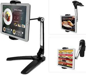 Kitchen Tablet Stand – Highflex 360 Counter and Wall Wobble Free Tablet Holder Mount, 4.7 to 13.5 Inch Universal Desktop iPad Mount & Phone Holder - 3 Free Wall Mounts Included(Black)