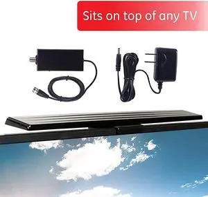 Version GE HD Amplified TV Antenna Easy Mount to Top of TV Design Long Range Supports 4K 1080P Digital HDTV VHF UHF Included Amplifier Signal Booster AC Adapter 5 ft Coax Indoor 37075