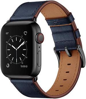 Compatible with Apple Watch Band 42mm 44mm Genuine Leather Band Replacement Strap Compatible with Apple Watch Series 654321SE 44mm 42mm Dark Blue Band with Black Adapter