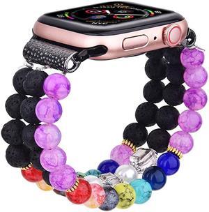 Bracelet Beadeds Compatible with Apple Watch Band 38mm/40mm Series SE/6/5/4/3/2/1 Cute Handmade Fashion Elastic Stretch Beaded Strap Replacement with Stainless Steel Adapter for iWatch Black