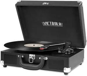 Vintage 3Speed Bluetooth Portable Suitcase Record Player with Builtin Speakers | Upgraded Turntable Audio Sound| Includes Extra Stylus | Black Model Number VSC550BTBK