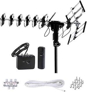 Outdoor HD TV Antenna 2019 Newest Model Up to 200 Miles Long Range with Motorized 360 Degree Rotation UHFVHFFM Radio with Infrared Remote Control Advanced Design Plus Installation Kit