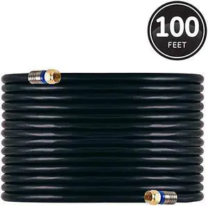RG6 Coaxial Cable, 100 ft. F-Type Connectors, Quad Shielded Coax Cable, 3 GHz Digital, In-Wall Rated, Ideal for TV Antenna, DVR, VCR, Satellite, Cable Box, Home Theater, Black, 34842