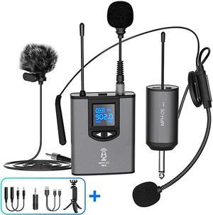 Wireless Microphone System Headset MicStand MicLavalier Lapel Mic with Rechargeable Bodypack Transmitter Receiver 14 Output for iPhone PA Speaker DSLR Camera Recording Teaching