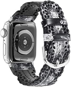 Leather Bands Compatible with Apple Watch Band 38mm 40mm iWatch SE Series 6 5 4 3 2 1 Breathable Chic Lace Leather Strap for Women BlackGrey Floral
