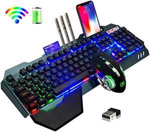 Gaming Keyboard and Mouse,Rainbow Backlit Rechargeable Keyboard Mouse with 3800mAh Battery Metal Panel,Removable Hand Rest Mechanical Feel Keyboard and 7 Color Gaming Mute Mouse for PC Gamers