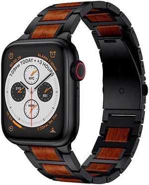 Compatible for Apple Watch Band 44mm42mm Natural Wood Red Sandalwood Black Stainless Steel Metal Strap with Folding Clasp Compatible for Apple Watch Series 54321