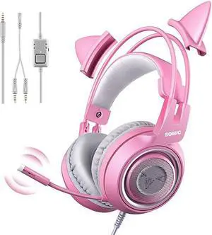 G951s Pink Stereo Gaming Headset with Mic for PS4 Xbox One PC Mobile Phone 35MM Sound Detachable Cat Ear Headphones Lightweight SelfAdjusting Over Ear Headphones for Women