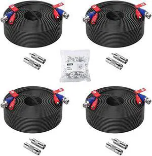 4 Pack 150ft 45 Meters AllinOne Video Power Cable BNC Extension Surveillance Camera Cables for Video Security DVR Camera Systems Included 4X BNC Connectors and 4X RCA AdaptersBlack Color