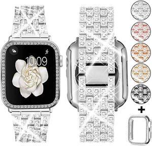 Compatible with Apple Watch Band 38mm 40mm 42mm 44mm  Case Women Jewelry Bling Diamond Metal Strap amp Soft PC Bumper Protective Case for iWatch Series 54321Silver