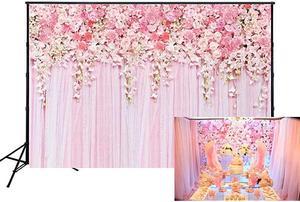 7x5ft Pink Floral Backdrop Thin Vinyl Pink Curtain Cake Table Photo Booth Banner Baby Shower Photography Background for Studio Props D9354